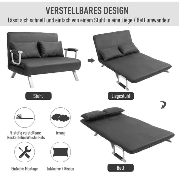2-personers sovesofa med armlæn 65x69x80cm 3-i-1 sovesofa, gæsteseng, foldemadras, imiteret ruskind, grå