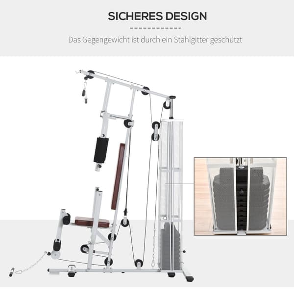 Fitness station til hjemmet, i alt 45 kg, med pressearm, benudvikler, rullepuder, PU syntetisk læder, 150 x 110 x 210 cm, hvid