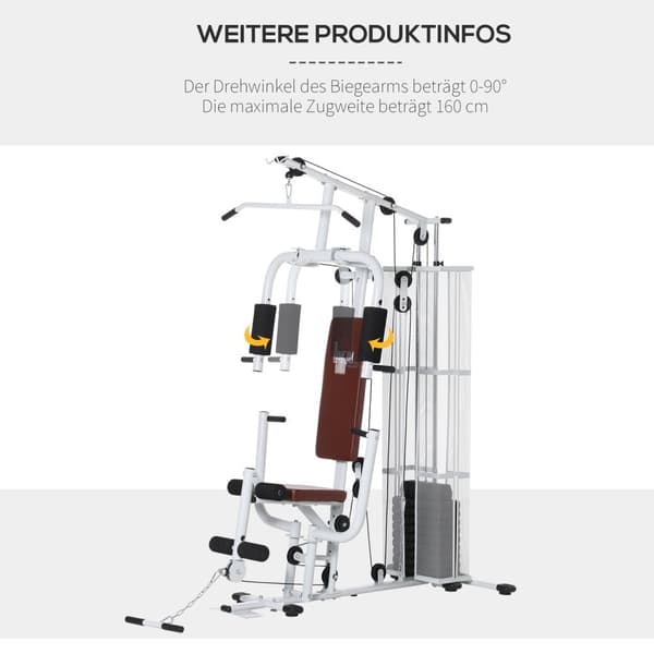 Fitness station til hjemmet, i alt 45 kg, med pressearm, benudvikler, rullepuder, PU syntetisk læder, 150 x 110 x 210 cm, hvid