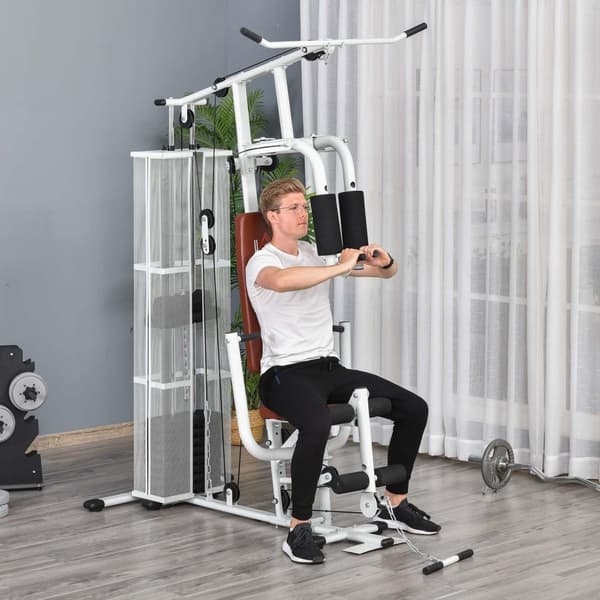 Fitness station til hjemmet, i alt 45 kg, med pressearm, benudvikler, rullepuder, PU syntetisk læder, 150 x 110 x 210 cm, hvid