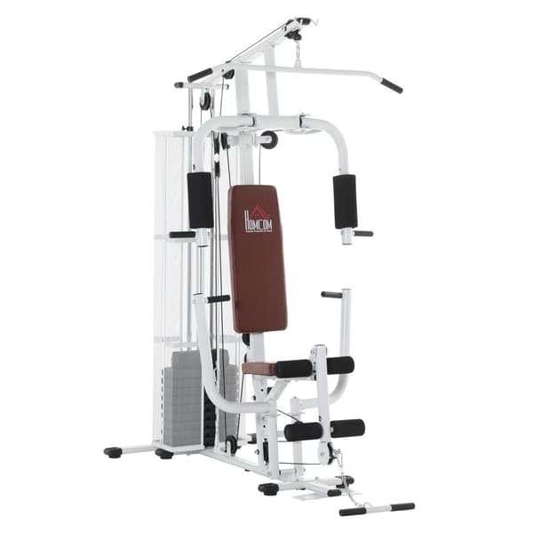 Fitness station til hjemmet, i alt 45 kg, med pressearm, benudvikler, rullepuder, PU syntetisk læder, 150 x 110 x 210 cm, hvid