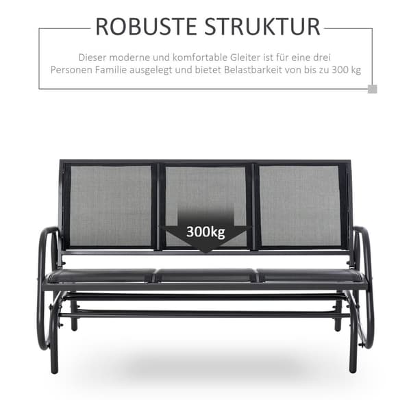 3-seters gyngestol, robust hagebenk som hagehuske, metall, værbestandig, svart, 151x75x85cm