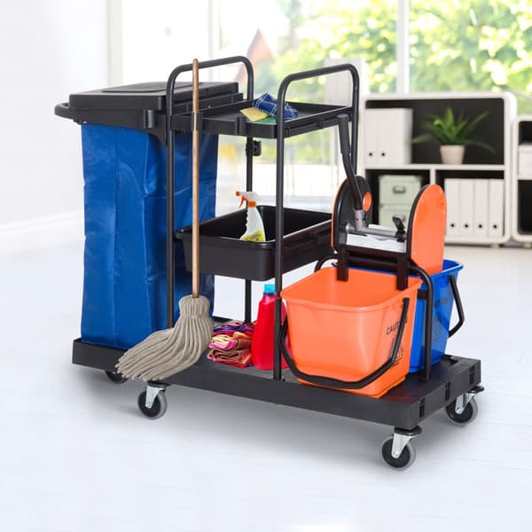 Städvagn städvagn med 4 hjul, systemvagn för professionell rengöring, svart/blå/orange, 111x63,3x103cm