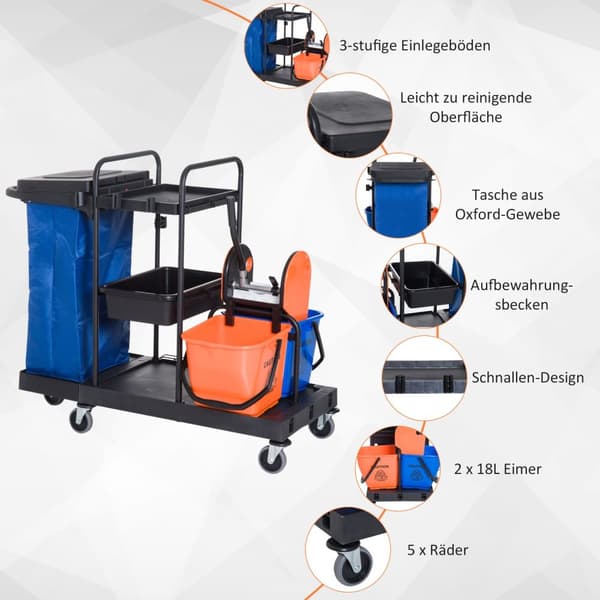 Städvagn städvagn med 4 hjul, systemvagn för professionell rengöring, svart/blå/orange, 111x63,3x103cm