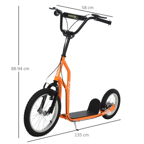 Børnescooter fra 5 år, cityscooter med pneumatiske dæk 16/12 tommer, orange, 135 x 58 x 88-94 cm