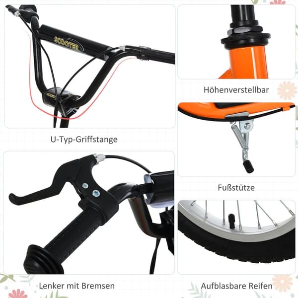 Børnescooter fra 5 år, cityscooter med pneumatiske dæk 16/12 tommer, orange, 135 x 58 x 88-94 cm