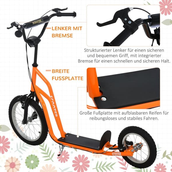 Børnescooter fra 5 år, cityscooter med pneumatiske dæk 16/12 tommer, orange, 135 x 58 x 88-94 cm