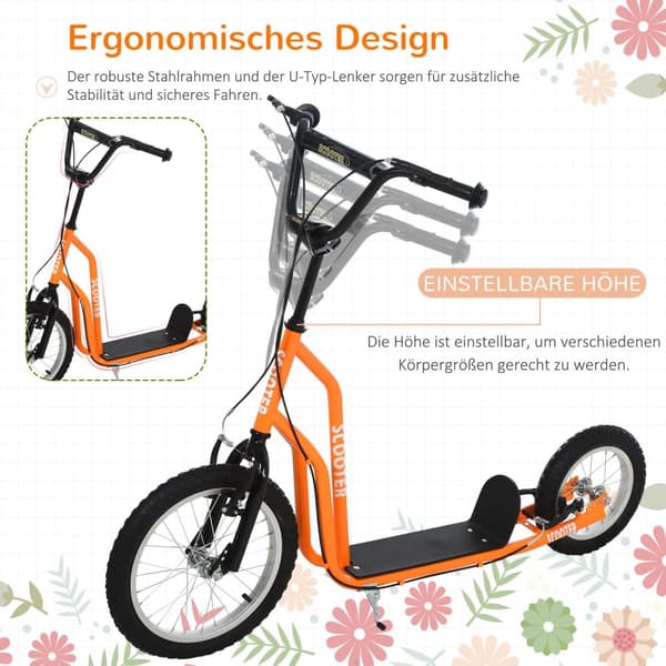 Børnescooter fra 5 år, cityscooter med pneumatiske dæk 16/12 tommer, orange, 135 x 58 x 88-94 cm