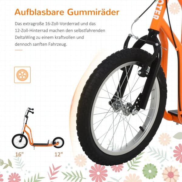 Børnescooter fra 5 år, cityscooter med pneumatiske dæk 16/12 tommer, orange, 135 x 58 x 88-94 cm