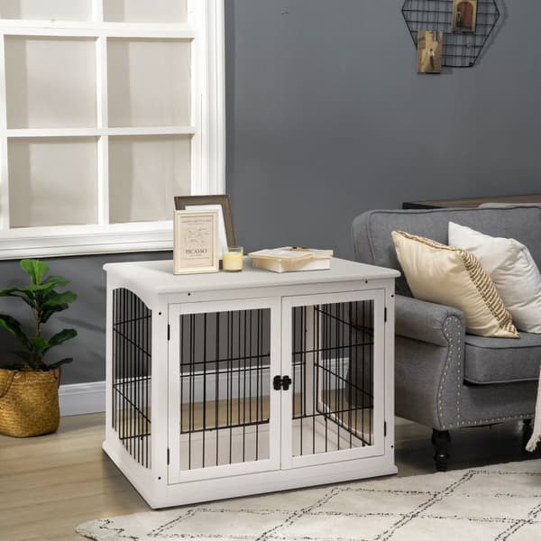 Koirakennel koirakodin kuljetuslaatikko pieneläinhäkki sisäkäyttöön koiranlaatikko eläinhäkki lemmikki MDF metalli valkoinen 81 x 58,5 x 66 cm