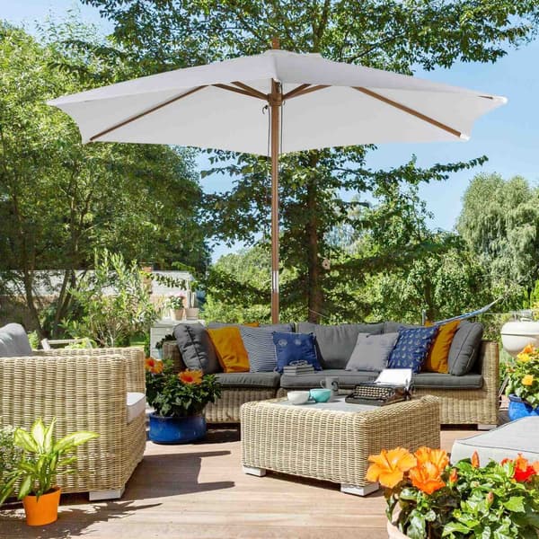 Parasol, haveparaply, 3-lags, solafskærmning, bambus 180/㎡ polyester, hvid, Ø2,5 x 2,3 m
