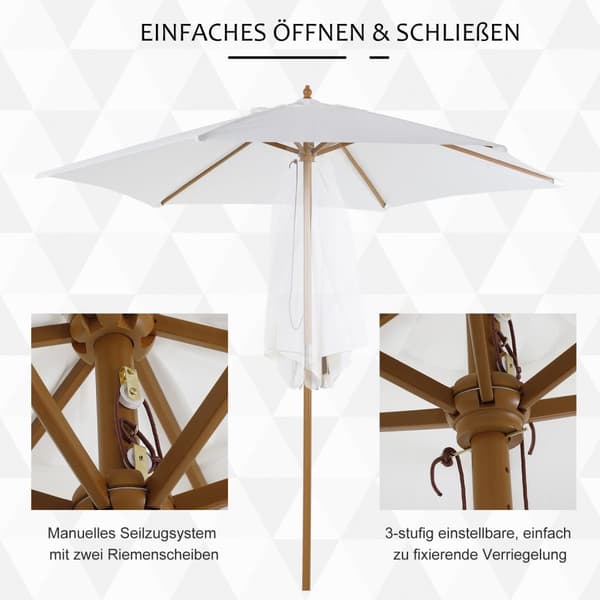 Parasol, haveparaply, 3-lags, solafskærmning, bambus 180/㎡ polyester, hvid, Ø2,5 x 2,3 m