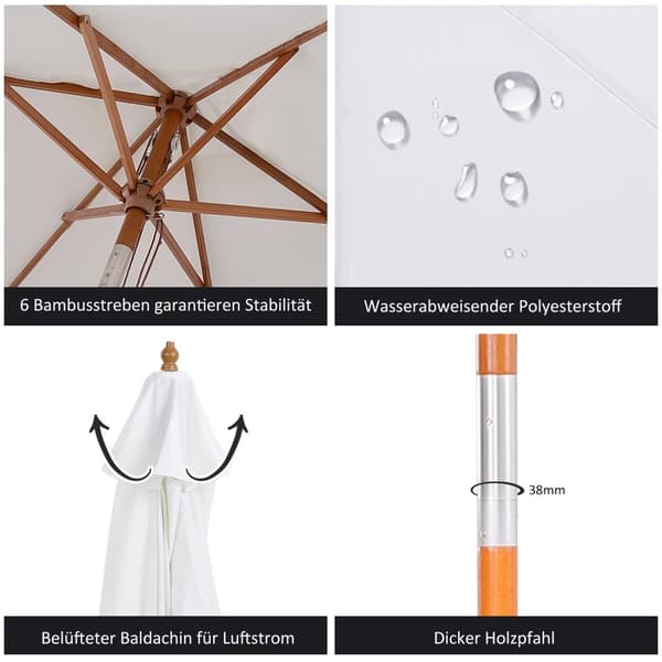 Parasol, haveparaply, 3-lags, solafskærmning, bambus 180/㎡ polyester, hvid, Ø2,5 x 2,3 m