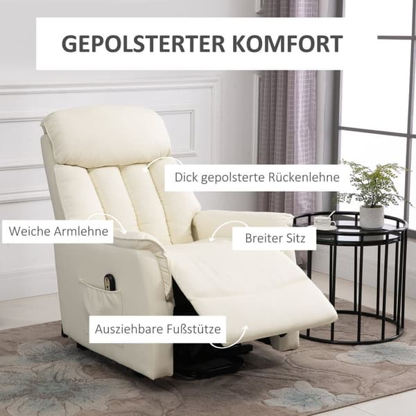 Ståstol, TV-stol, lenestol med ståhjelp, elektrisk hvilefunksjon, kunstskinn, beige, 80 x 94 x 104 cm