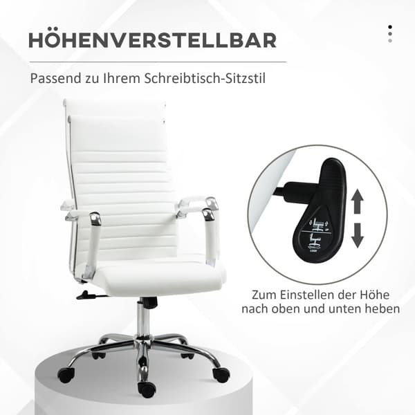 Kontorstol med vippefunktion, stålfødder, ergonomiske, 360° drejelige hjul, imiteret læder, bæreevne 120 kg, 54 x 62 x 104-114 cm, hvid
