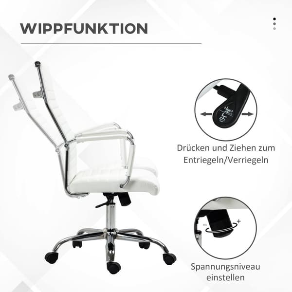 Kontorstol med vippefunktion, stålfødder, ergonomiske, 360° drejelige hjul, imiteret læder, bæreevne 120 kg, 54 x 62 x 104-114 cm, hvid