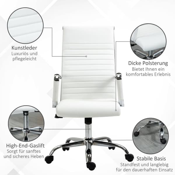 Kontorstol med vippefunktion, stålfødder, ergonomiske, 360° drejelige hjul, imiteret læder, bæreevne 120 kg, 54 x 62 x 104-114 cm, hvid