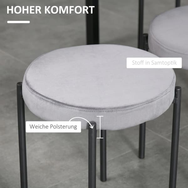Sett med 4 spisestoler benkekrakker med polstret sete runde stoler barkrakker fløyelsberøring polyester stålgrå 41,5 x 41,5 x 46 cm