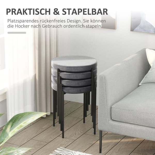 Sett med 4 spisestoler benkekrakker med polstret sete runde stoler barkrakker fløyelsberøring polyester stålgrå 41,5 x 41,5 x 46 cm