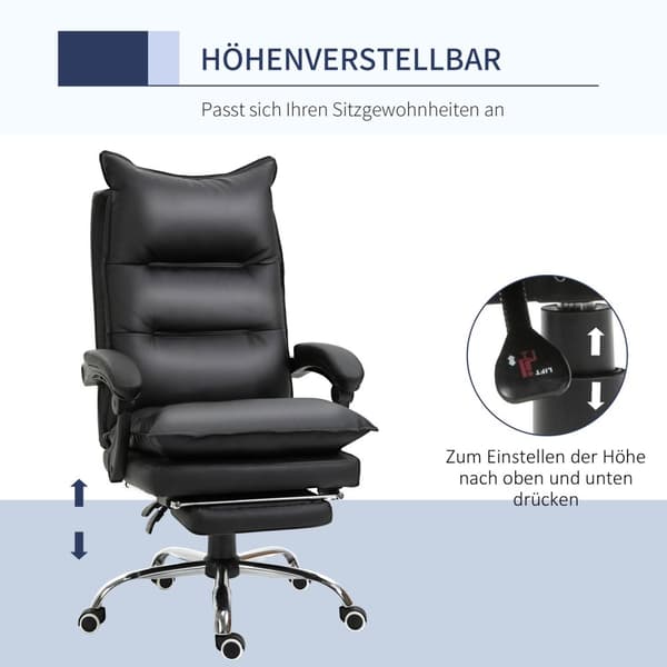 Kontorsstol skrivbordsstol med fotstöd, justerbar i höjdled, konstläder, svart, 66x72x122-130cm
