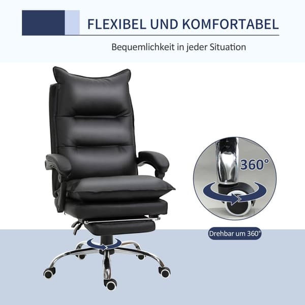 Kontorsstol skrivbordsstol med fotstöd, justerbar i höjdled, konstläder, svart, 66x72x122-130cm