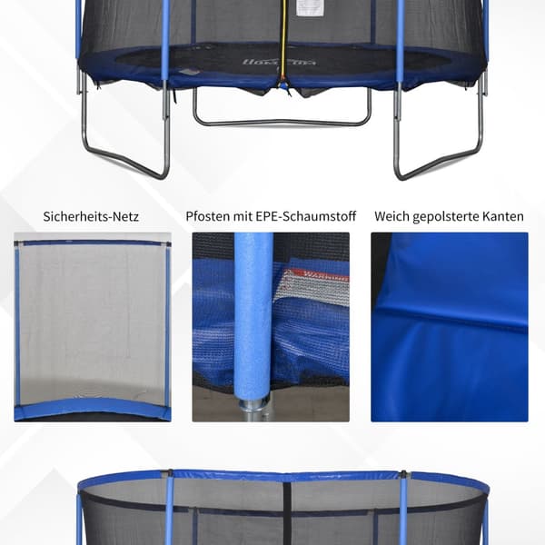 Studsmatta med skyddsnät, trädgårdstrampolin för inom- och utomhusbruk, fitnessstudsmatta, blå + svart, upp till 113,6 kg, Ø305 x 248H cm