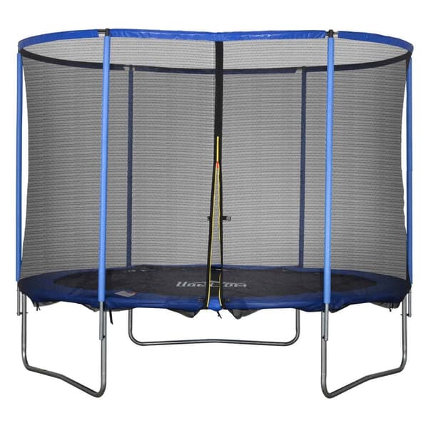 Studsmatta med skyddsnät, trädgårdstrampolin för inom- och utomhusbruk, fitnessstudsmatta, blå + svart, upp till 113,6 kg, Ø305 x 248H cm