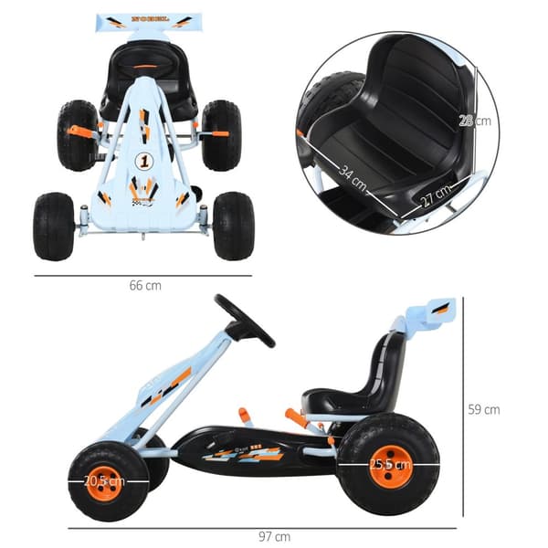 Poljin karting-poljinauto alkaen 3 vuotta säädettävällä istuimella, teräs, vaaleansininen, 97x66x59cm