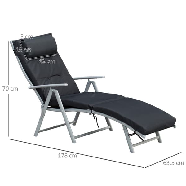 Hopfällbar strandstol, 7 nivåer justerbar, väderbeständig, med dyna, textlinje, polyester, metall, 137 x 63,5 x 100,5 cm, svartAoso