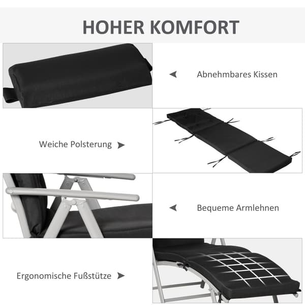 Hopfällbar strandstol, 7 nivåer justerbar, väderbeständig, med dyna, textlinje, polyester, metall, 137 x 63,5 x 100,5 cm, svartAoso