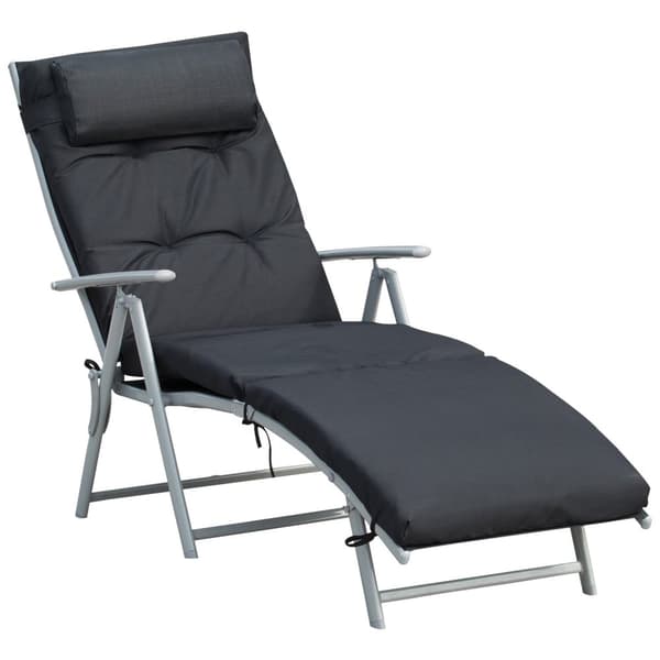 Hopfällbar strandstol, 7 nivåer justerbar, väderbeständig, med dyna, textlinje, polyester, metall, 137 x 63,5 x 100,5 cm, svartAoso