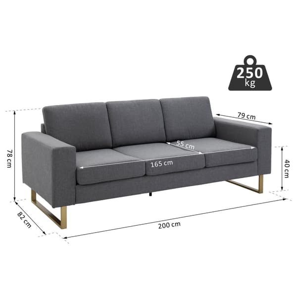 Polstret sofa 3-seters sofa stoff sofa sitteplasser TV lenestol pute armlen lin mørkegrå 200 x 82 x 78 cm