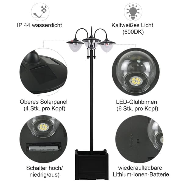Solar lys havelampe 3-pandede lampe med urtepotte bund, vandtæt, rustfrit stål, 60x55x189cm