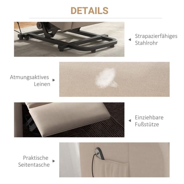 TV-fåtölj med ståhjälp, ergonomisk, fritt låsbar, med ligg- och elektrisk ståfunktion, 72,5 x 94 x 109 cm, kräm