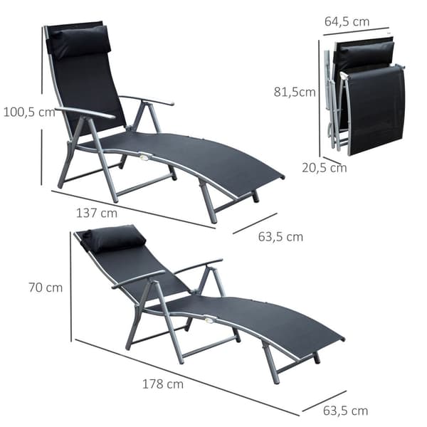 Solseng sammenleggbar strandseng hageseng med pute, metall + stoff, svart, 137x63,5x100,5cm