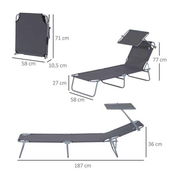 Solseng sammenleggbar hage solseng fluktstol strandseng med solbeskyttelse grå 187 x 58 x 36 cm