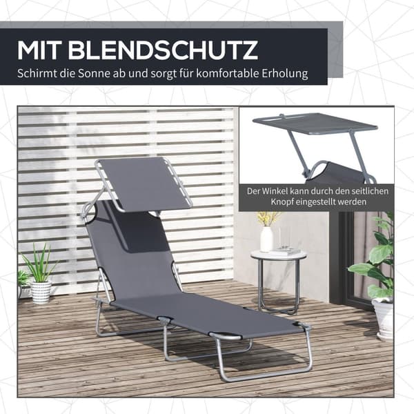 Solseng sammenleggbar hage solseng fluktstol strandseng med solbeskyttelse grå 187 x 58 x 36 cm