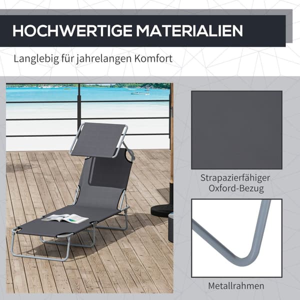 Solseng sammenleggbar hage solseng fluktstol strandseng med solbeskyttelse grå 187 x 58 x 36 cm