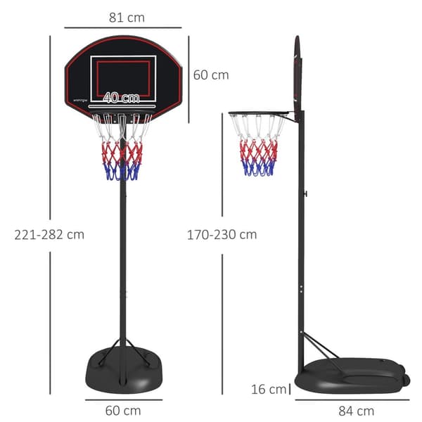 Basketball Hoop Stand 221-282Cm Højde Justerbar Splintfri Bagvæg Hjul Basketball System Voksne Stål Sort