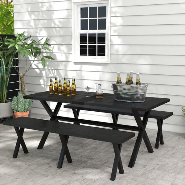 Øltelt Sett 3-Delt. Bord 2 Benker Paraply Hull Tre Utseende Terrasse Balkong 180X80X73Cm Svart