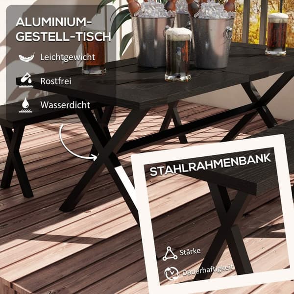 Øltelt Sett 3-Delt. Bord 2 Benker Paraply Hull Tre Utseende Terrasse Balkong 180X80X73Cm Svart