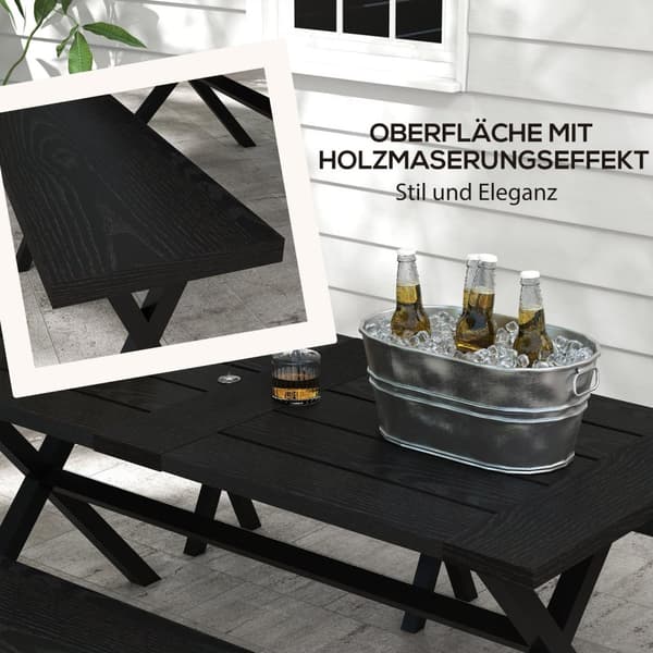 Øltelt Sett 3-Delt. Bord 2 Benker Paraply Hull Tre Utseende Terrasse Balkong 180X80X73Cm Svart