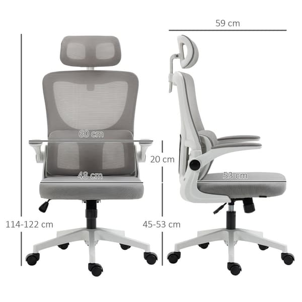 Kontorstol Ergonomisk Høydejusterbar Skrivebordsstol Justerbar Armlener Pute Vippefunksjon Korsryggstøtte Mesh Grå