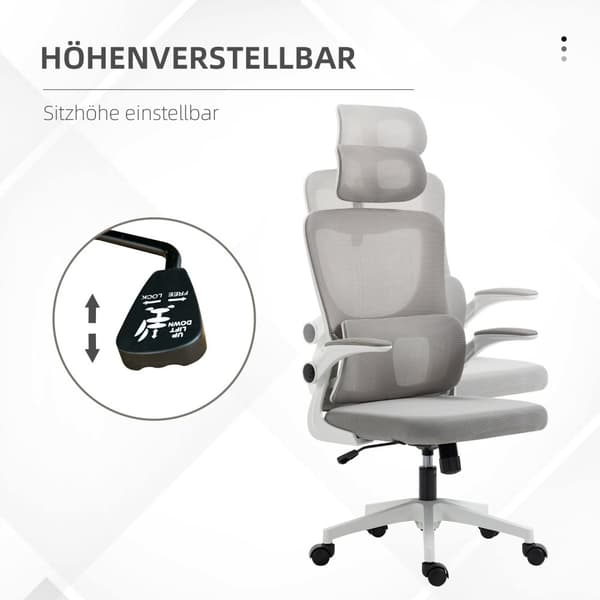 Kontorstol Ergonomisk Høydejusterbar Skrivebordsstol Justerbar Armlener Pute Vippefunksjon Korsryggstøtte Mesh Grå