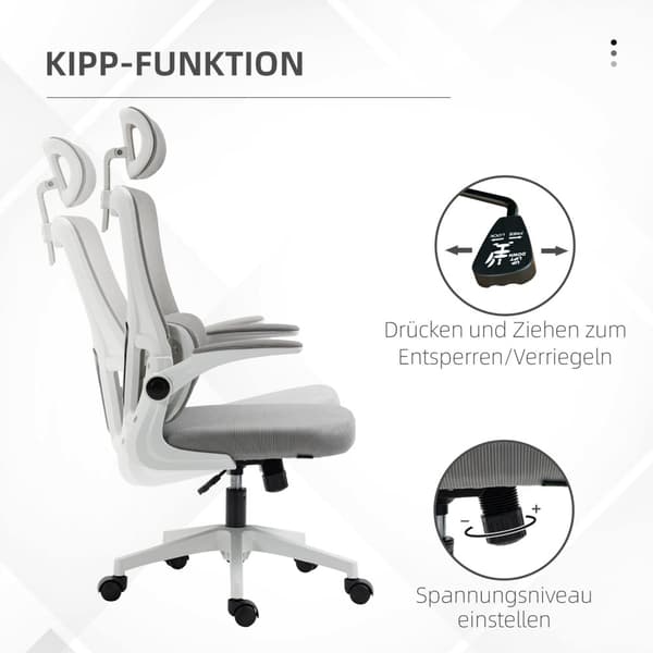 Kontorstol Ergonomisk Høydejusterbar Skrivebordsstol Justerbar Armlener Pute Vippefunksjon Korsryggstøtte Mesh Grå