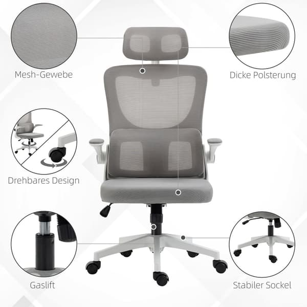 Kontorstol Ergonomisk Høydejusterbar Skrivebordsstol Justerbar Armlener Pute Vippefunksjon Korsryggstøtte Mesh Grå