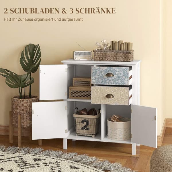 Kommode Opbevaringsskab 2 Skuffer 3 Rum Vippebeskyttelse Stue Soveværelse Hvid 68X34X80Cm