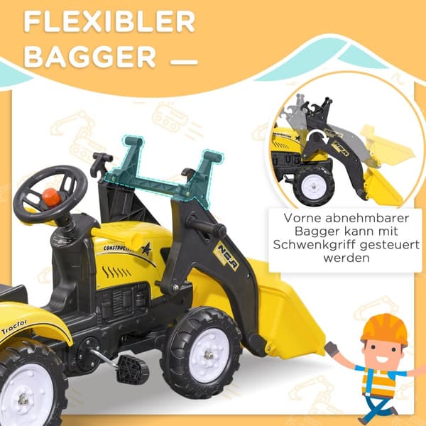 Pedaltraktor Med Släp, Trampfordon Med Spade, Barnfordonstraktor För Barn Från 3 År Och Uppåt, Gul