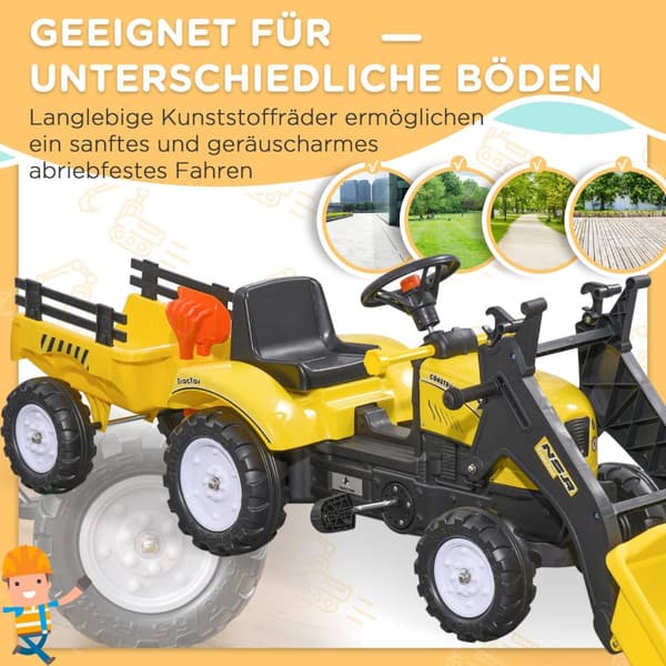 Pedaltraktor Med Släp, Trampfordon Med Spade, Barnfordonstraktor För Barn Från 3 År Och Uppåt, Gul