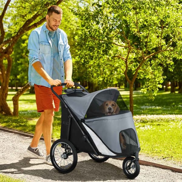 Hundevogn Hundevogn Mesh Vindue Foldbar Kattevogn Sikkerhedssnor Store Gummihjul Op Til 30 Kg Oxford Grey